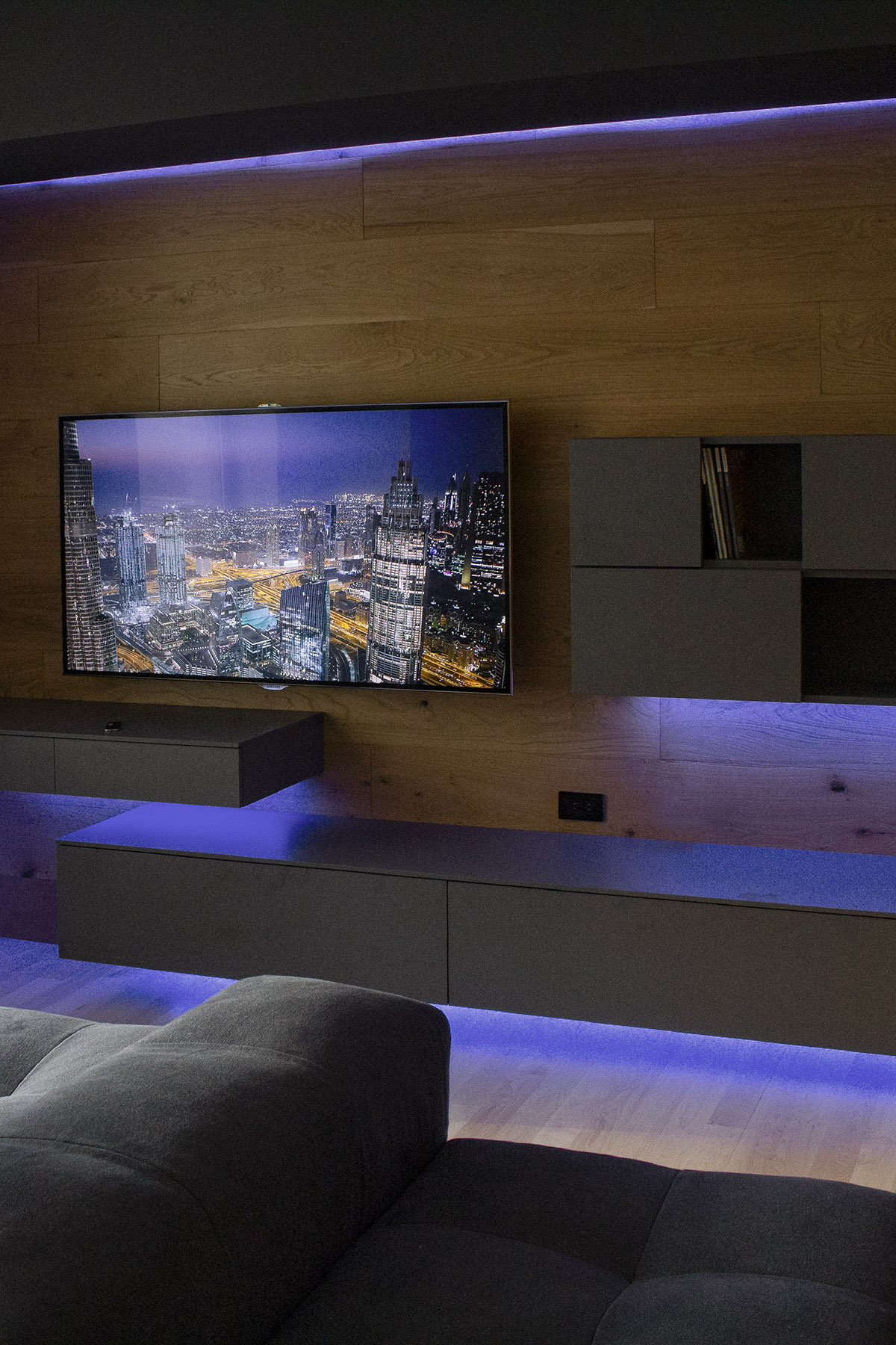 Modern Home Entertainment Center with Wood Wall