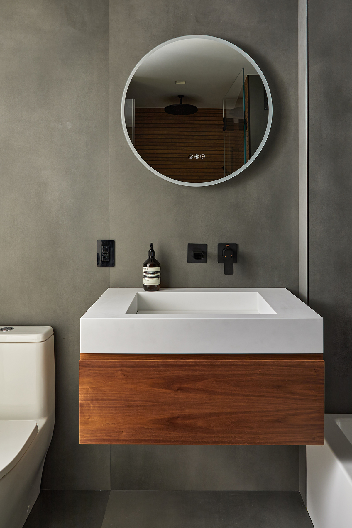 Gray Bathroom with Wood Vanity