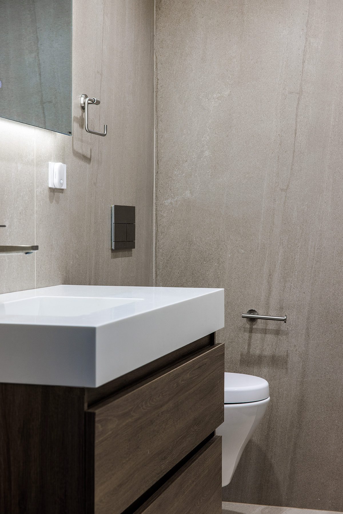 Gray Bathroom with Large Format Slab Tiles