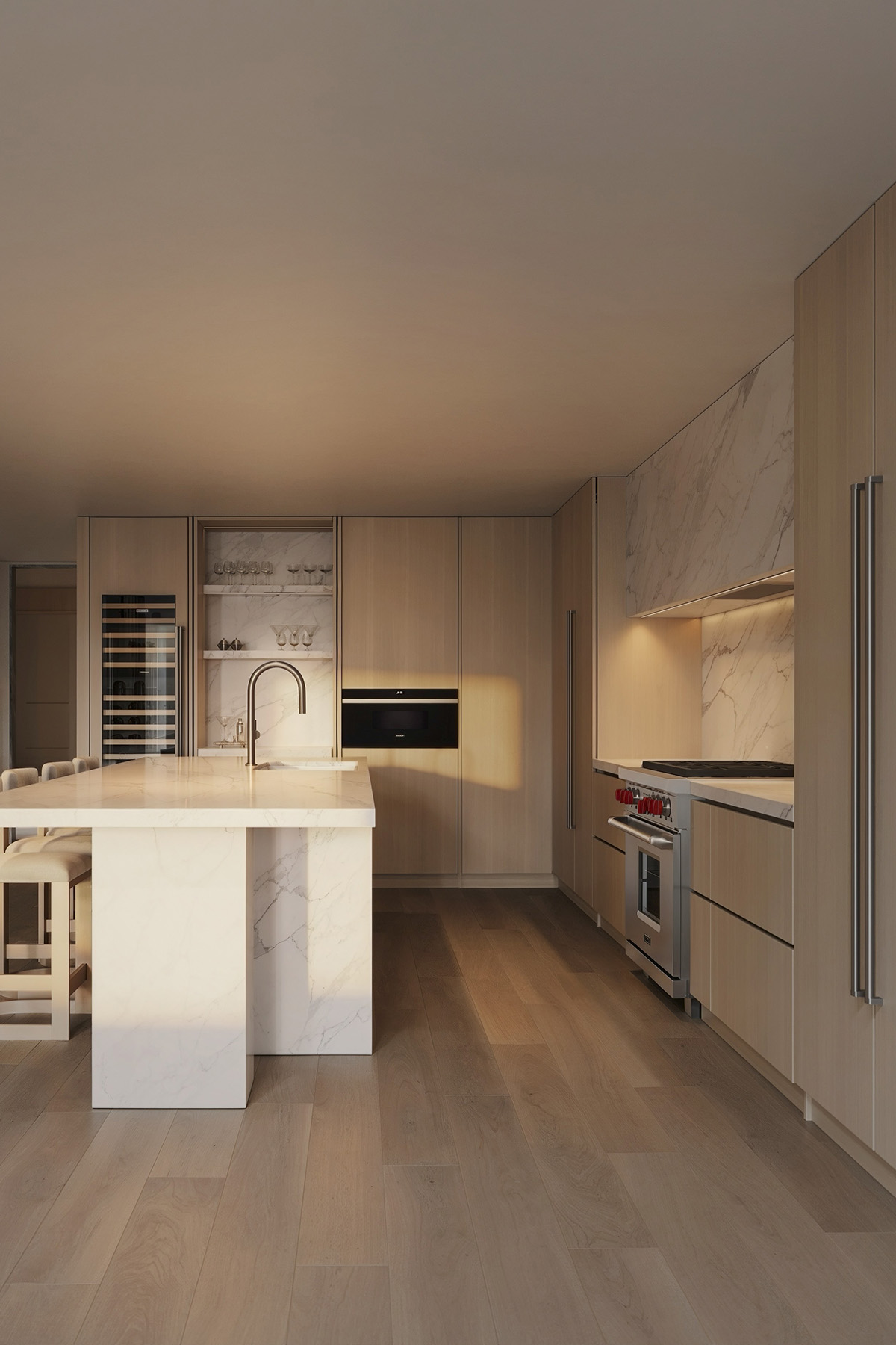 Modern kitchen with marble island in NYC Townhouse