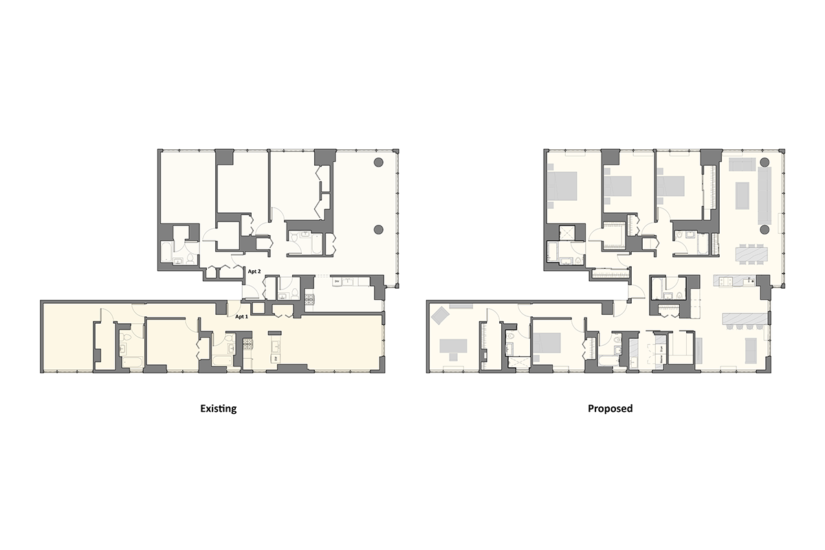 Upper East Side apartment combination plan, before and after